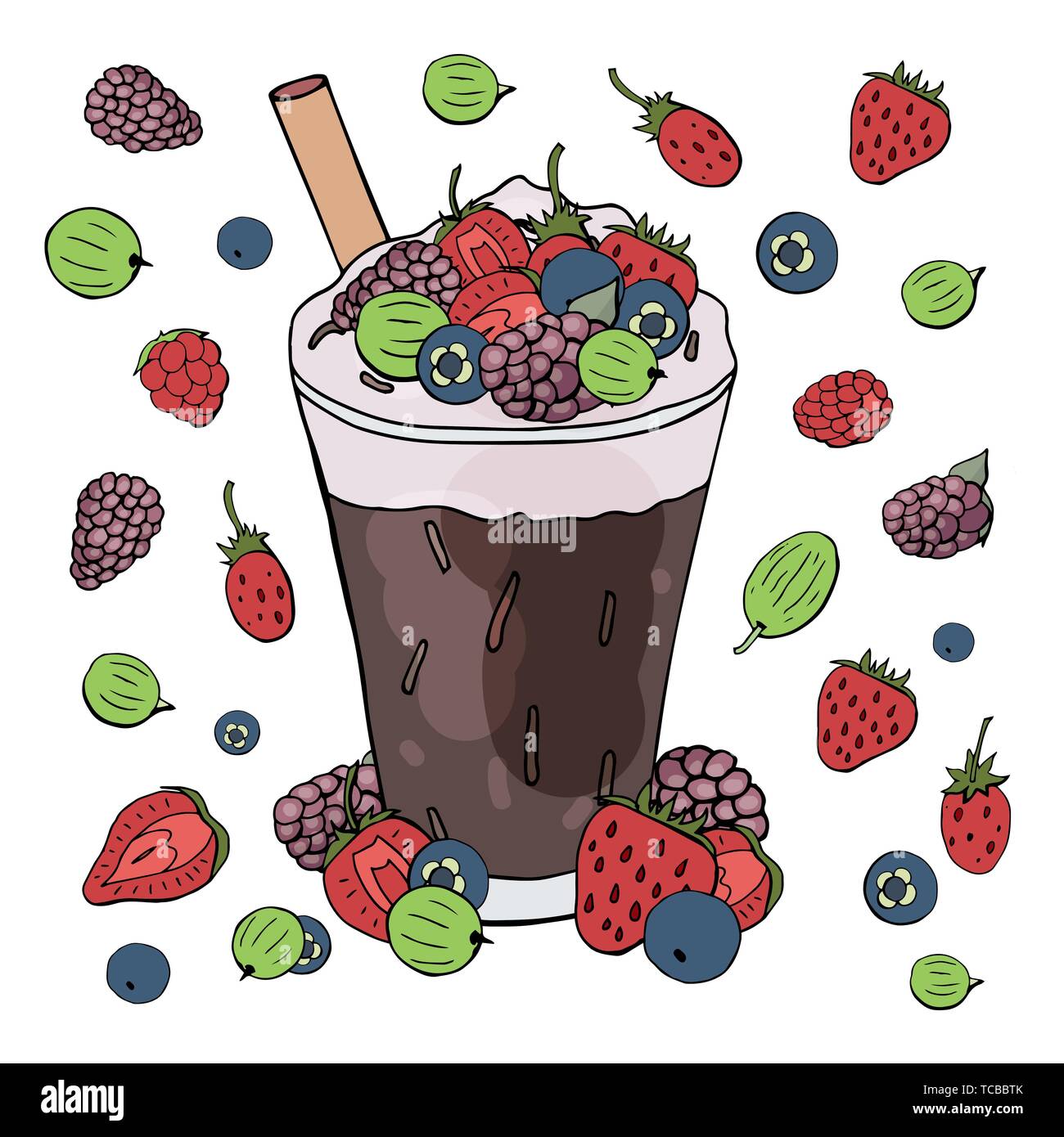 Cocktail de fruits frais et de café avec différents fruits rouges isolé sur fond blanc. Illustration de Vecteur