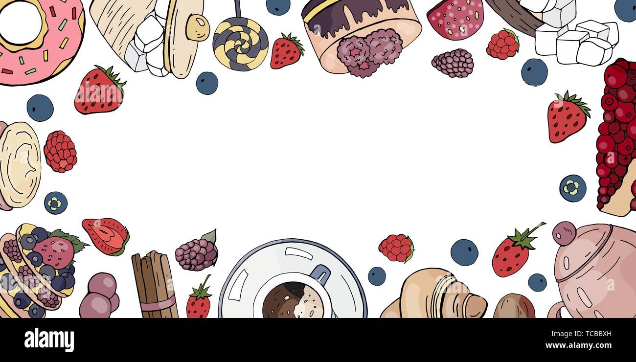 Bannière horizontale avec différents gâteaux, café, fruits et baies isolées sur fond blanc Illustration de Vecteur