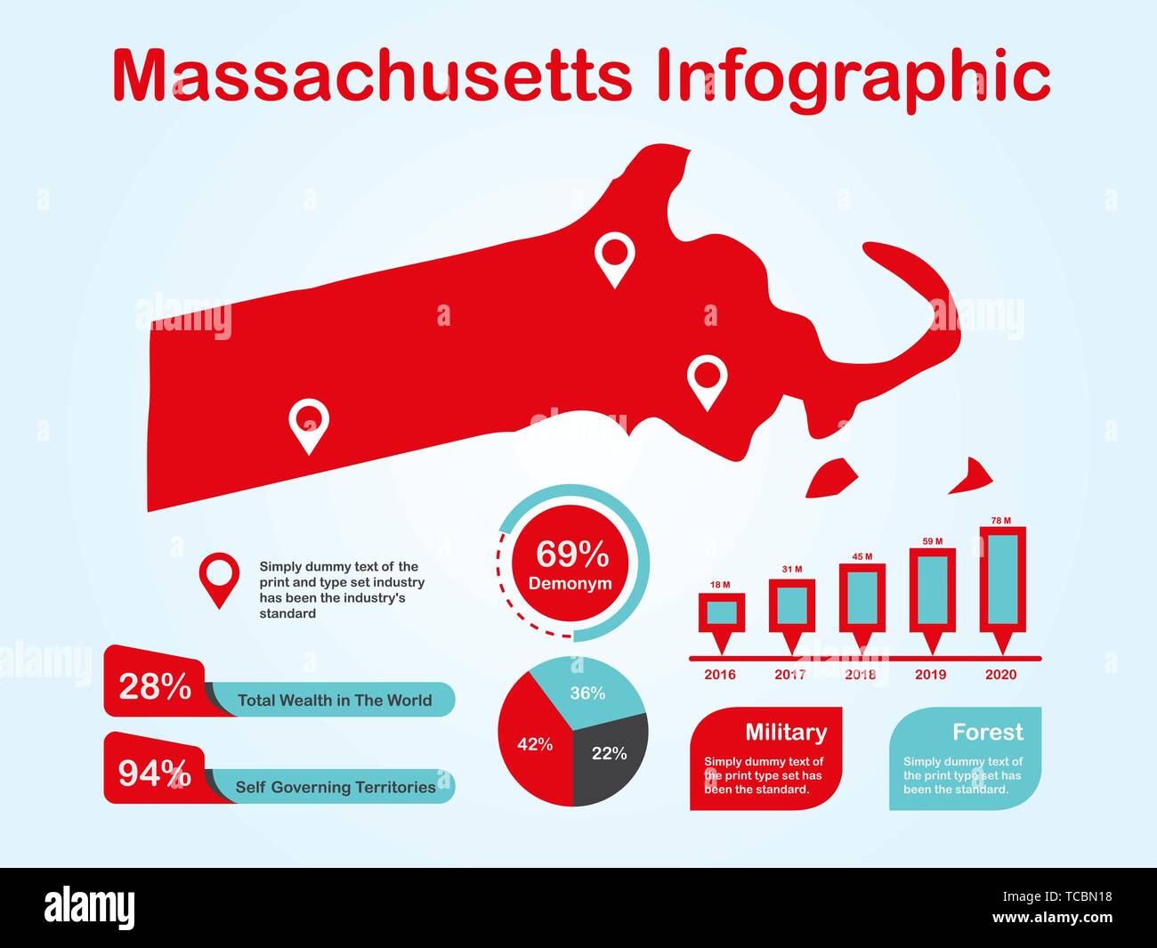 L'État du Massachusetts (USA) avec jeu de carte en couleur rouge éléments infographique en fond clair. L'élément graphique de l'information modernes pour votre conception. Illustration de Vecteur