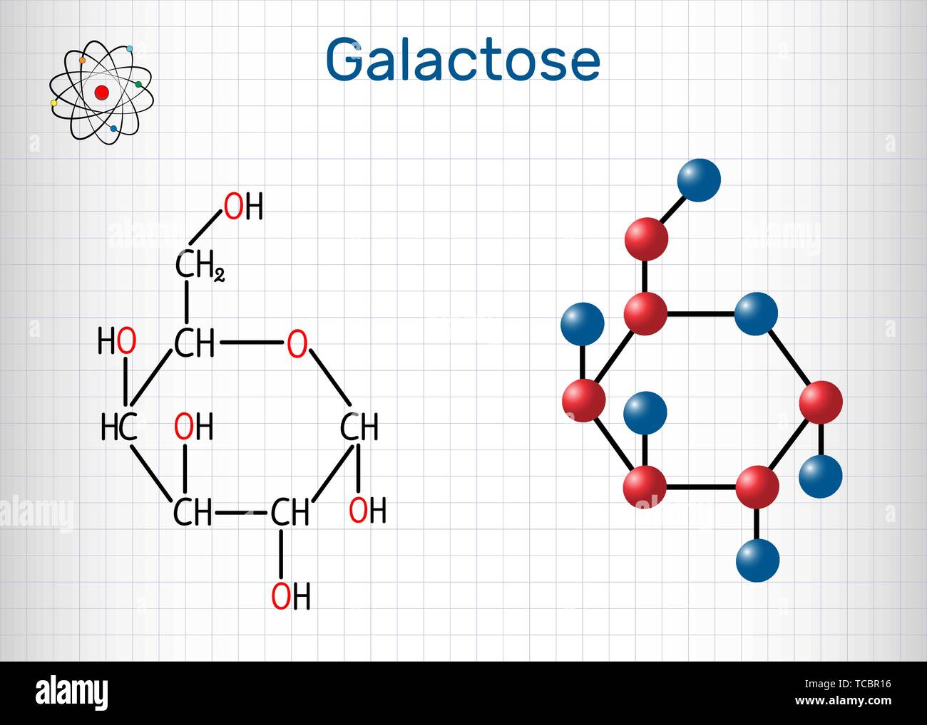 Le galactose, l'alpha-D-galactopyranose, molécule de sucre de lait. La forme cyclique. Formule chimique structurale et molécule modèle. Feuille de papier dans une cage. Vector Illustration de Vecteur
