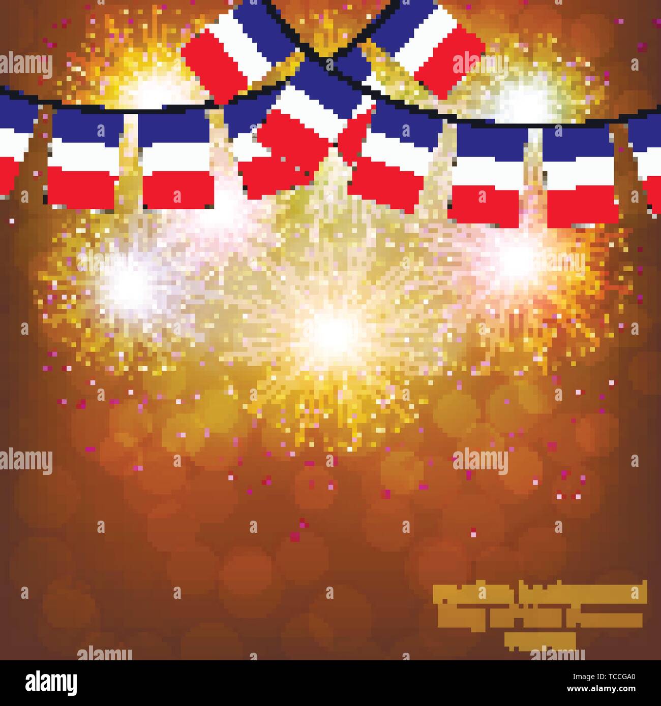 D'artifice lumineux avec des drapeaux en France pour les vacances. Vector illustration. Illustration de Vecteur
