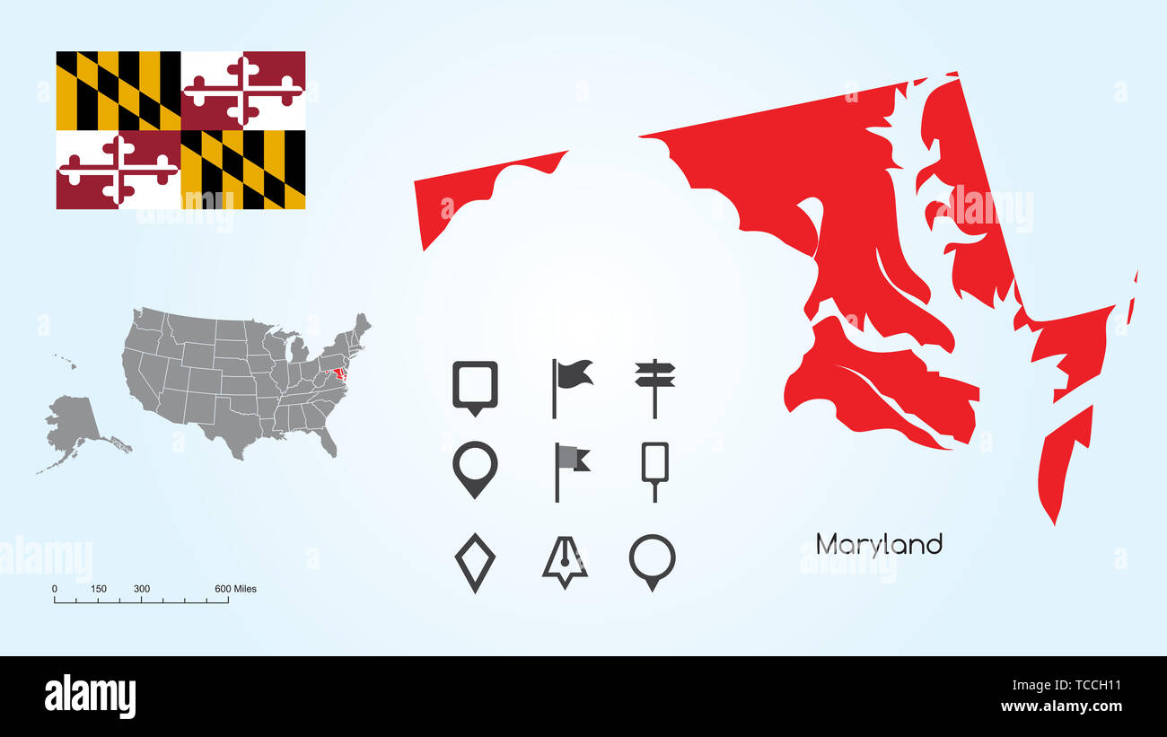 Carte des États-Unis d'Amérique avec l'État du Maryland et le Maryland drapeau avec Locator Collection. Banque D'Images