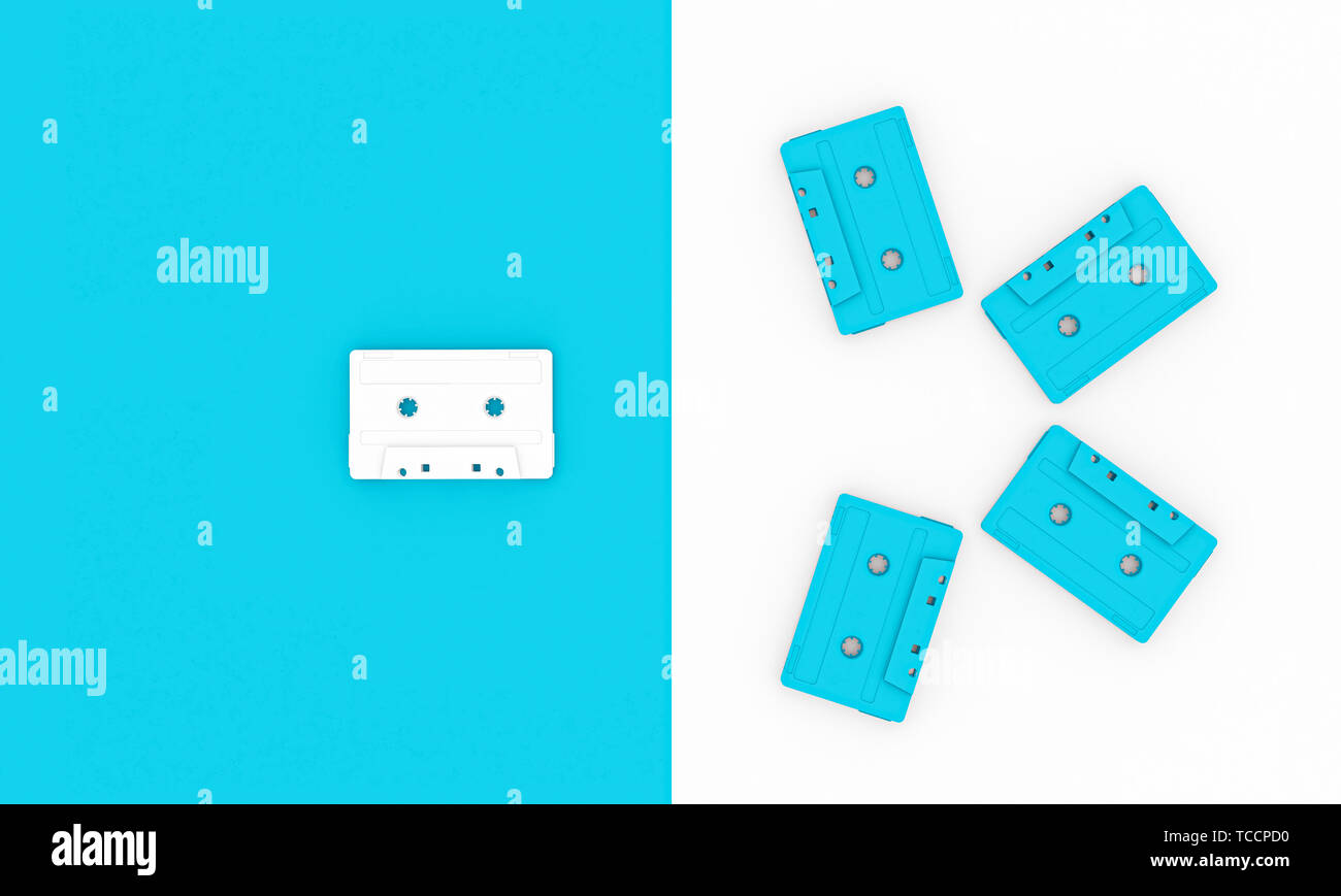 Image 3D de l'ancien bleu et blanc des cassettes audio sur un autre arrière-plan. Mise à plat de rendu style Banque D'Images
