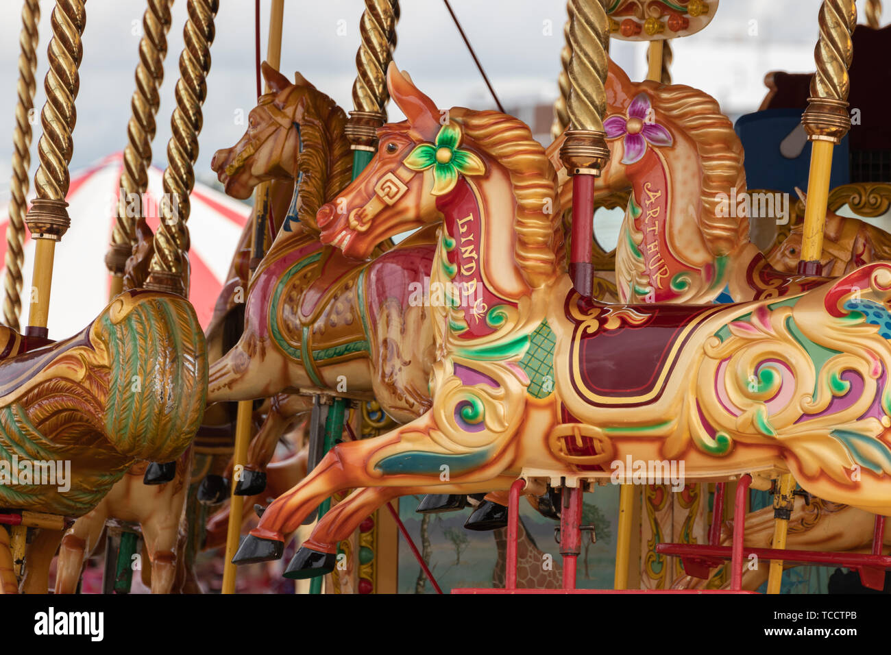 Un gros plan du parc des chevaux carrousel traditionnel Banque D'Images