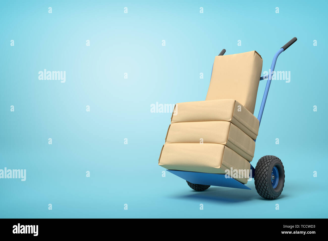 Le rendu 3D de quatre parcelles enveloppée de papier sur camion de main bleu sur fond bleu. Banque D'Images
