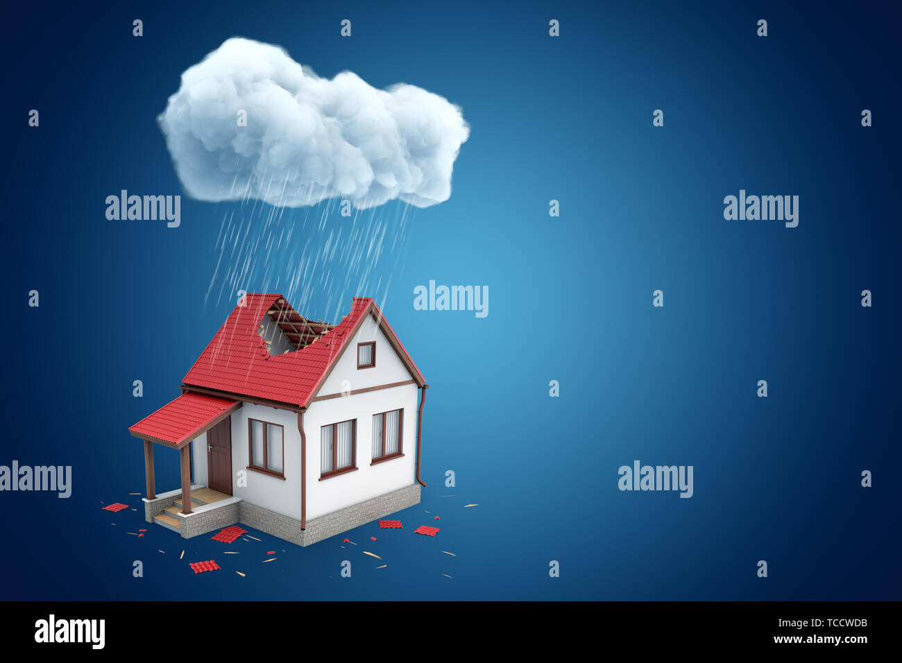 Le rendu 3D de la petite maison individuelle de grand trou dans le toit, en vertu de l'article nuage pluvieux, sur fond bleu avec copie espace. Banque D'Images
