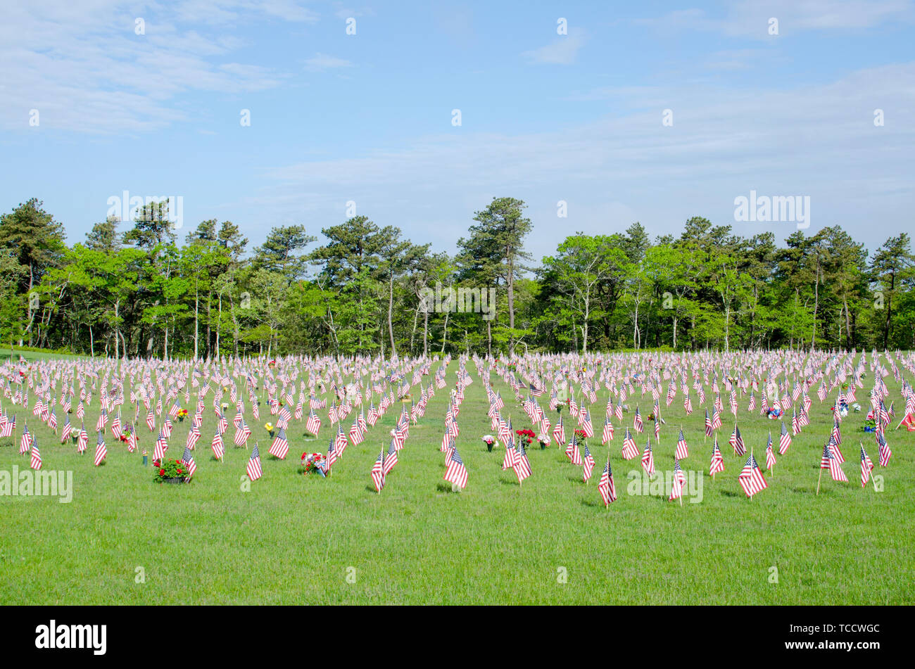 Memorial Day American flags mis sur les pierres tombales dans le Cimetière National de Bourne, Cape Cod, Massachusetts USA Banque D'Images