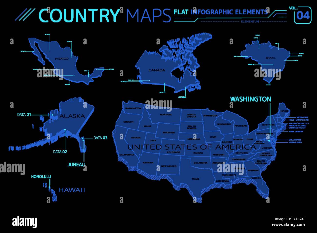 États-unis d'Amérique, Alaska, Hawaï, le Mexique, le Canada et le Brésil de cartes vectorielles Illustration de Vecteur