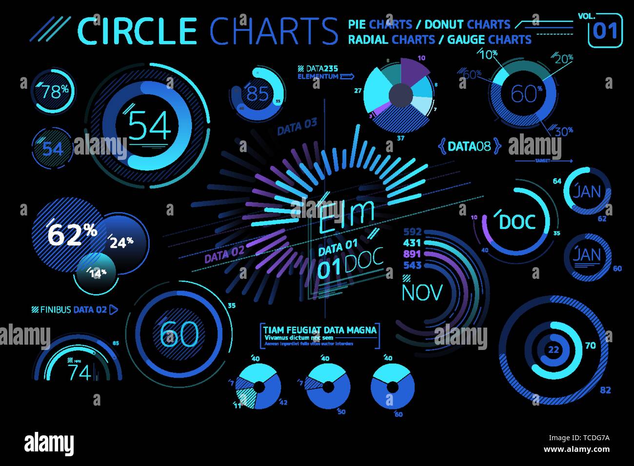 Les graphiques, les diagrammes à secteurs de cercle, Donut, cartes marines et cartes graphiques jauge radiale Éléments infographique Illustration de Vecteur