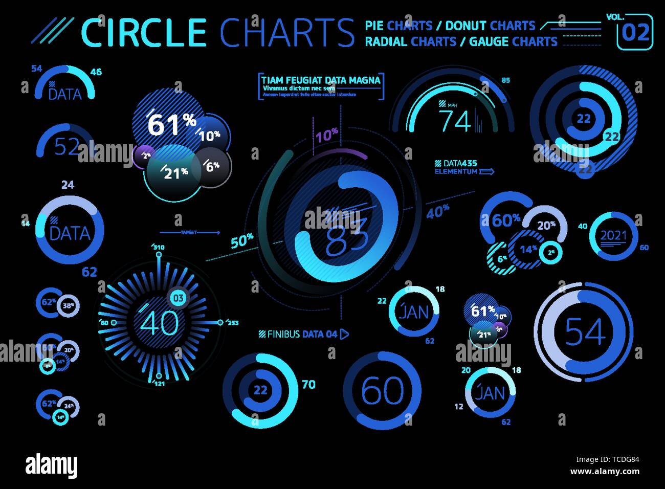 Les graphiques, les diagrammes à secteurs de cercle, Donut, cartes marines et cartes graphiques jauge radiale Éléments infographique Illustration de Vecteur