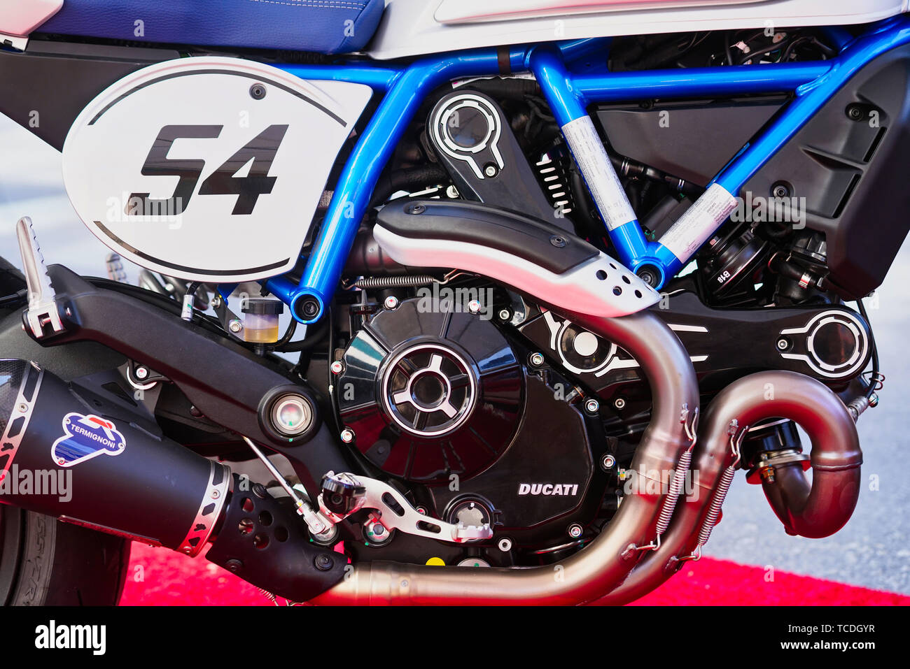 Montréal, Canada, le 6 juin, 2019.Close-up d'un moteur de moto ducati Scrambler.Montréal,Québec,Canada.Credit:Mario Beauregard/Alamy Live News Banque D'Images