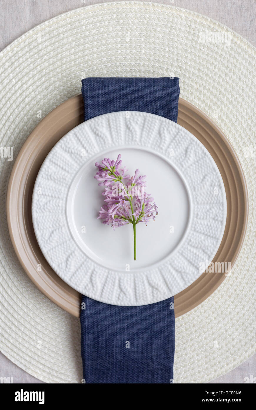 Set de table avec la direction générale de lilas bleu avec fourchette et couteau, serviette et nappe en lin. Concept de maison de plat de service. Haut de la vue, télévision lay Banque D'Images Set de table avec la direction générale de lilas bleu avec fourchette et couteau, serviette et nappe en lin. Concept de maison de plat de service. Haut de la vue, télévision lay Banque D'Images