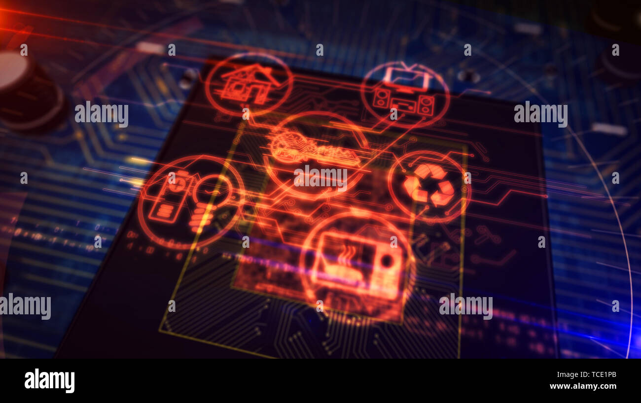 IOT - internet des objets symboles de l'hologramme en arrière-plan de la cpu. Circuit board 3d illustration. Banque D'Images