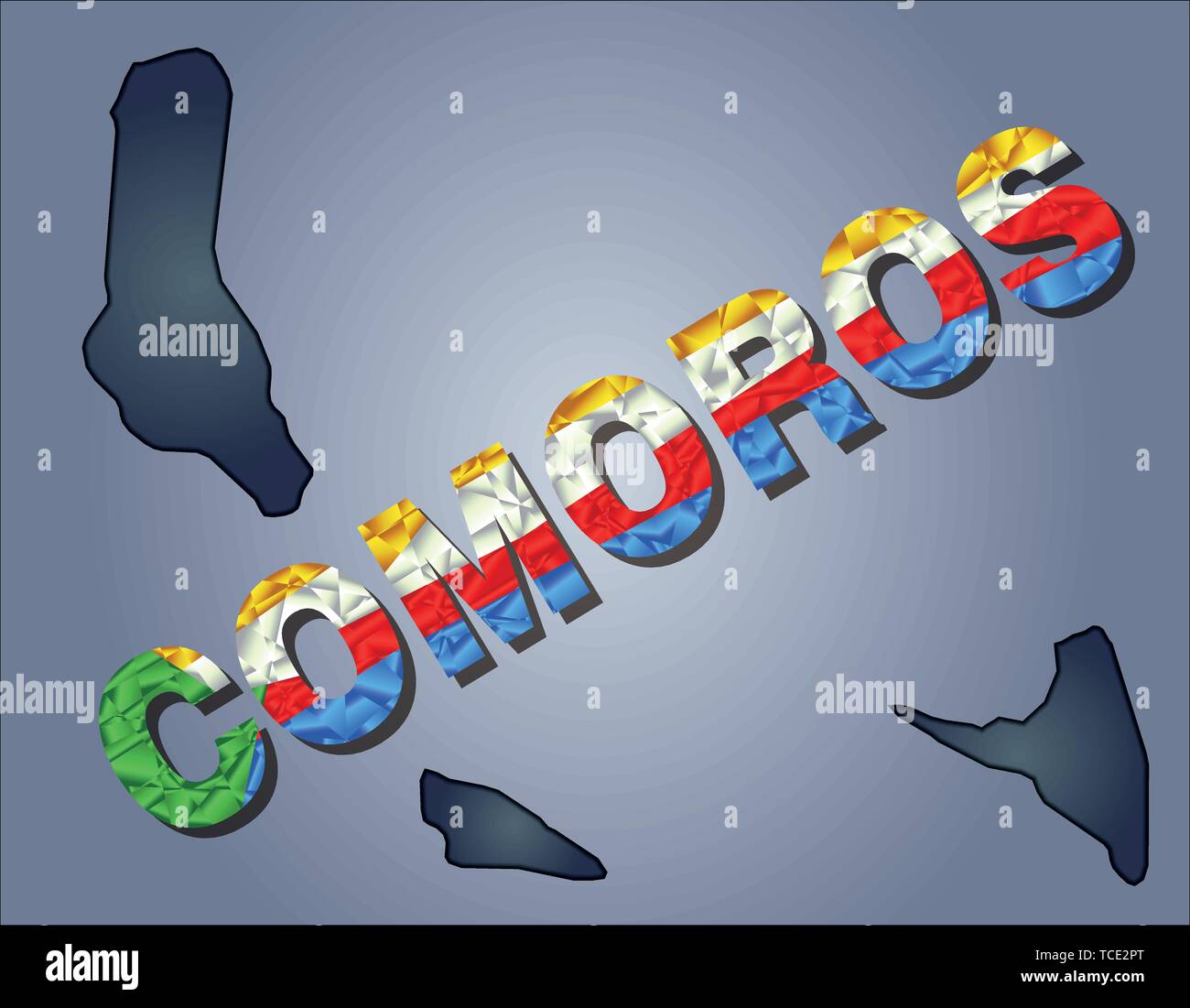 Les contours du territoire des Comores et les îles Comores mot en couleurs du drapeau national, bleu, jaune, blanc, vert et rouge. Continent Afrique Illustration de Vecteur