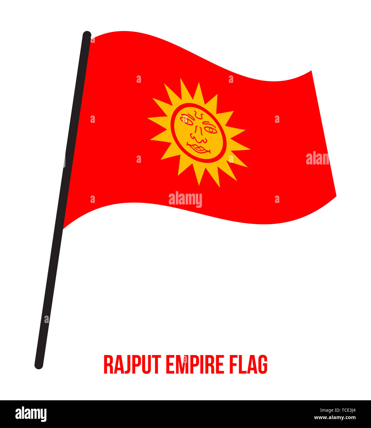Empire Rajput (647-1192) Drapeaux Vector Illustration sur fond blanc. Un drapeau de safran avec un soleil au milieu. Banque D'Images