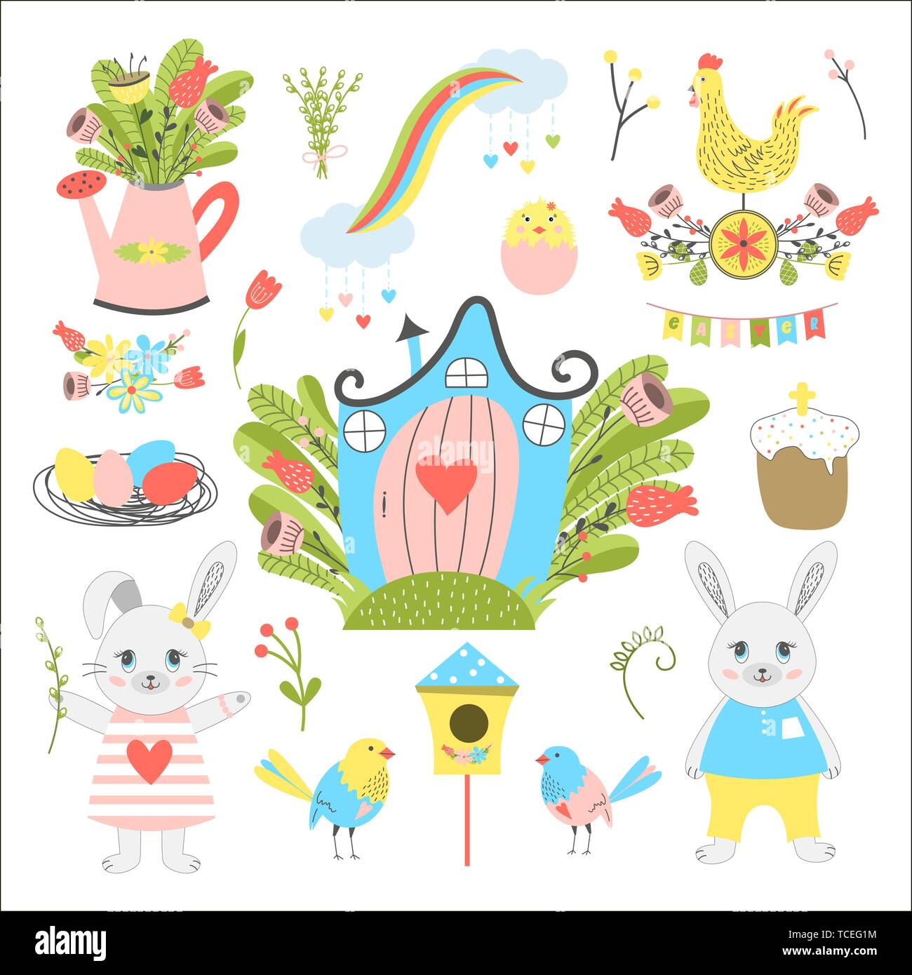 Grande collection de lapins de Pâques, Pâques gâteau, coq, oeufs, fleurs, une maison, un arc-en-ciel, un ruban, d'oiseaux, une cabane, un saule et d'un arrosoir. Illustration de Vecteur