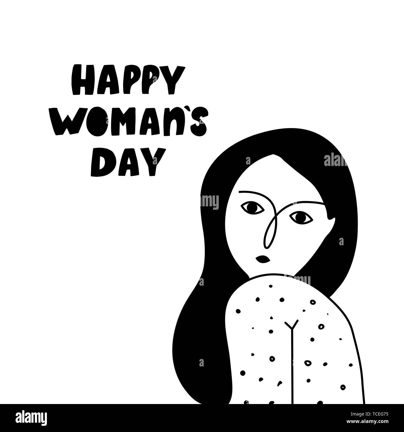 Carte de souhaits avec belle fille et le lettrage ' heureux womens day'. Vector illustration. Illustration de Vecteur