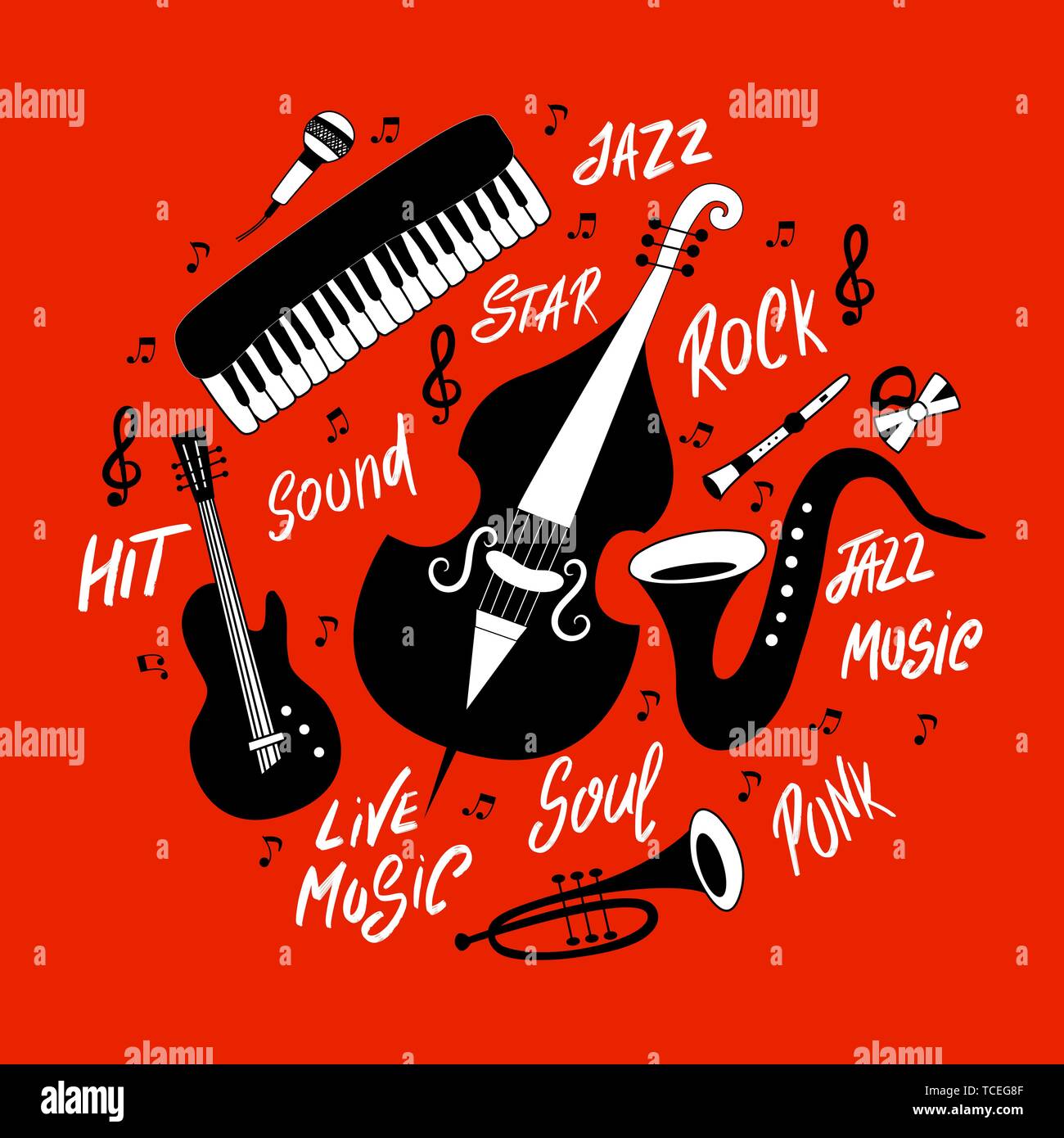 Ensemble d'instruments de musique : piano, trompette, cymbales, guitare, violoncelle et saxophone. Vector illustration dessiné à la main. Illustration de Vecteur