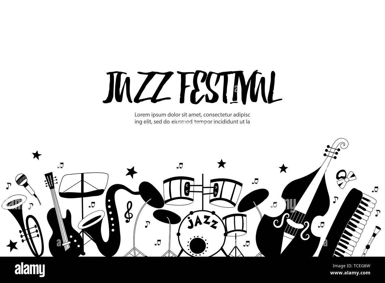 Bannière festival de jazz avec des instruments de musique : piano, trompette, cymbales, guitare, violoncelle et saxophone. Vector illustration dessiné à la main. Illustration de Vecteur