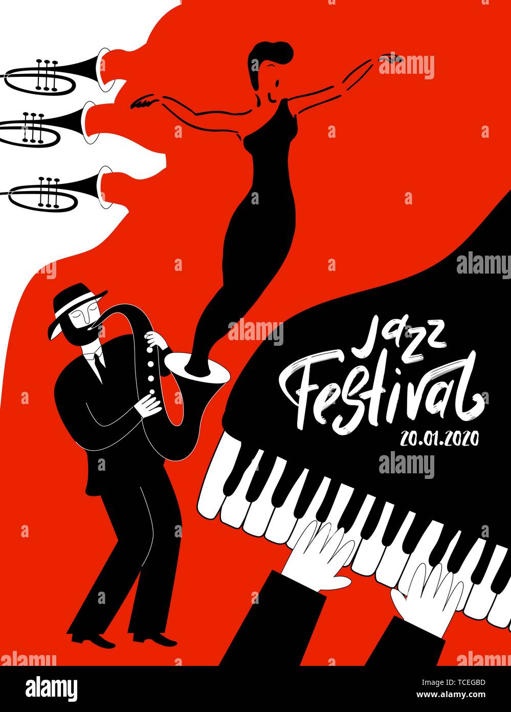 Festival de musique jazz avec des instruments de musique de l'affiche. Journée internationale du Jazz. Vector illustration dessiné à la main. Illustration de Vecteur