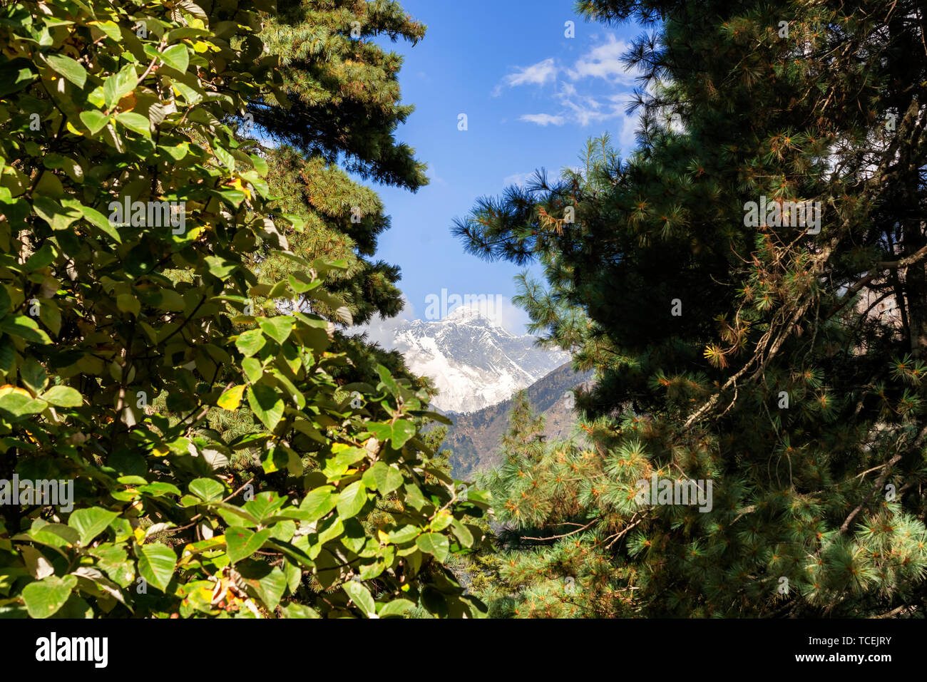 Première vue claire à l'Everest Trekking peak quand le camp de base de l'Everest Trek entre Phakding et Namche Bazar au Népal. Banque D'Images