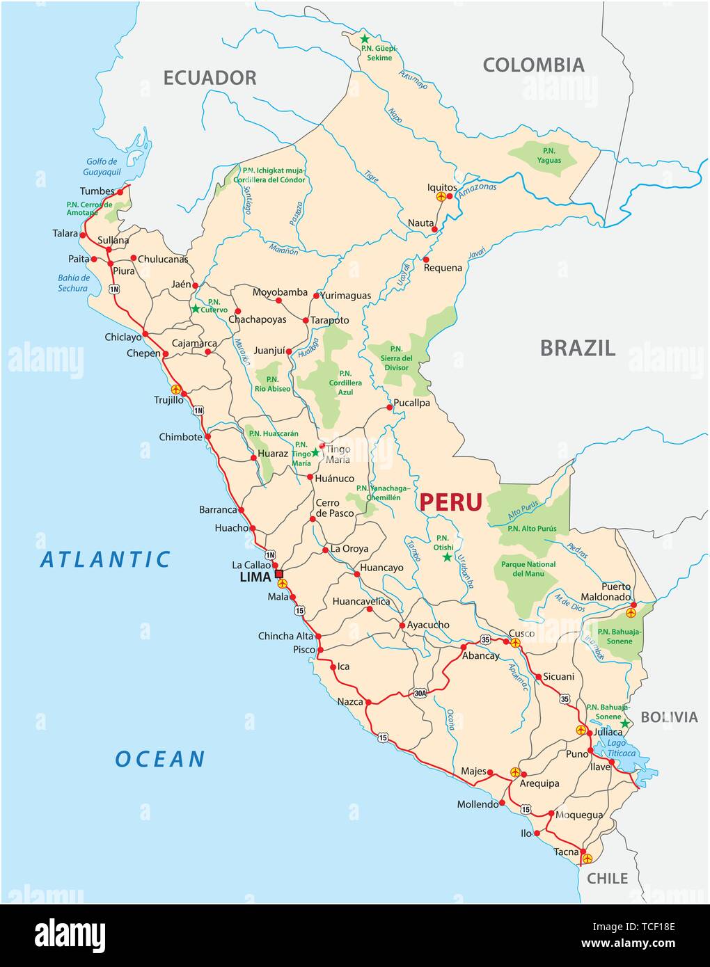République du Pérou carte du parc national et de la route Illustration de Vecteur