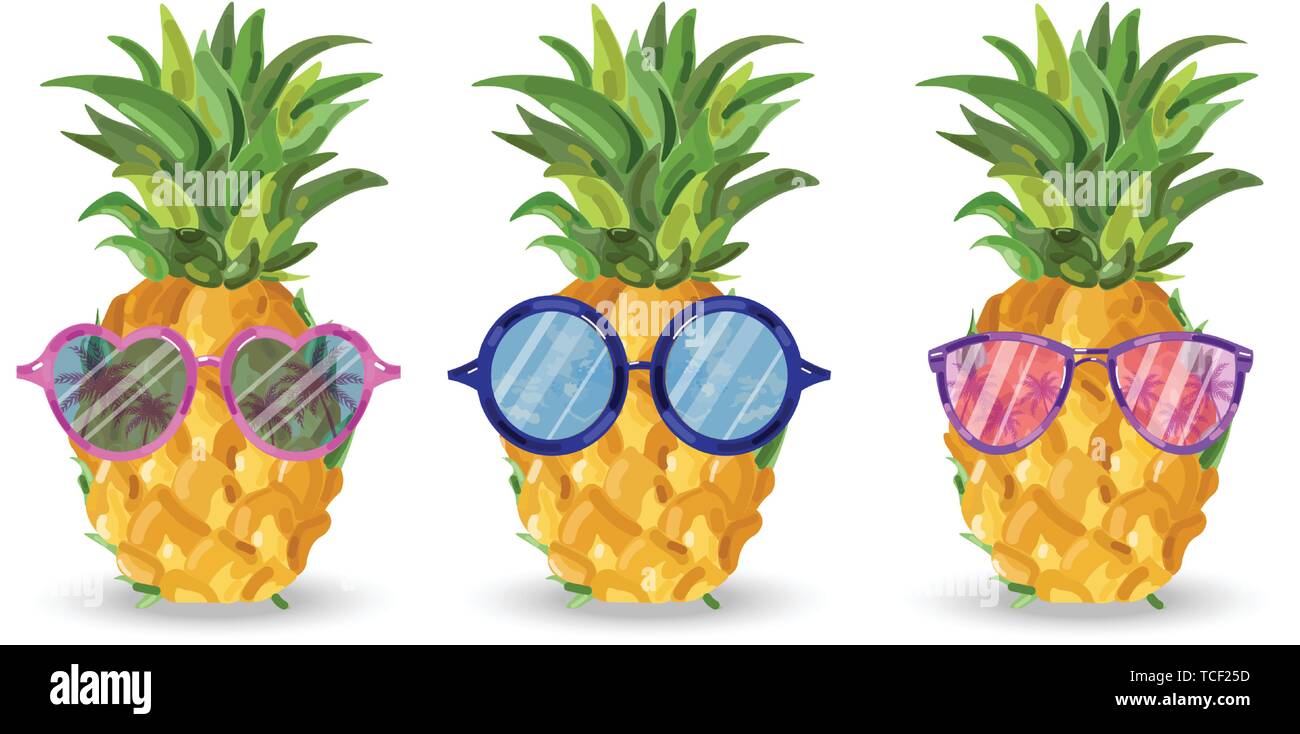 Motif ananas vecteur. Style de dessin animé. Fruits drôles avec des lunettes tropic poster Illustration de Vecteur