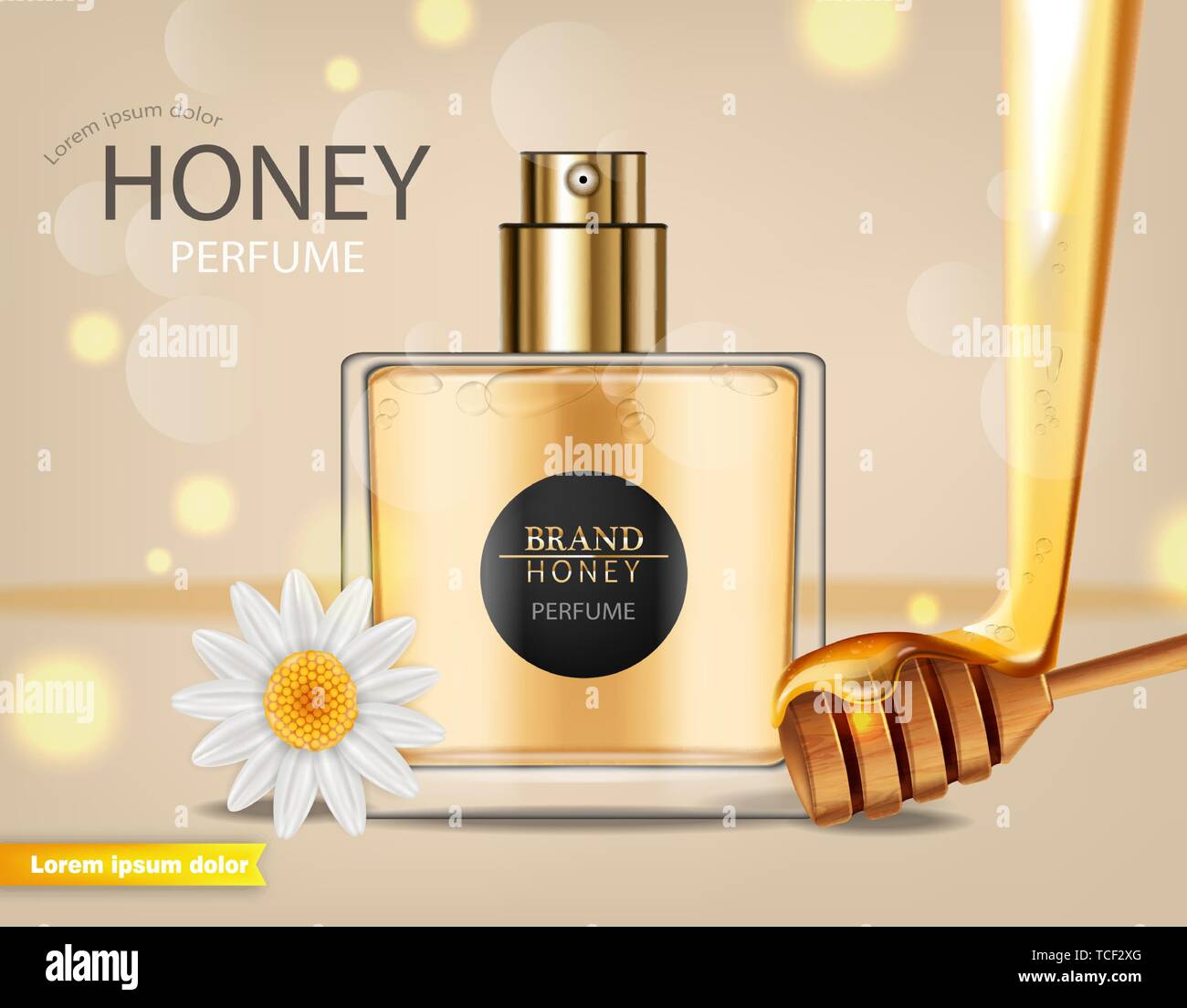 Vecteur de parfum miel infusé réaliste. Le placement de produit des maquettes. Bouteille détaillées avec du miel dip. 3d illustration Illustration de Vecteur