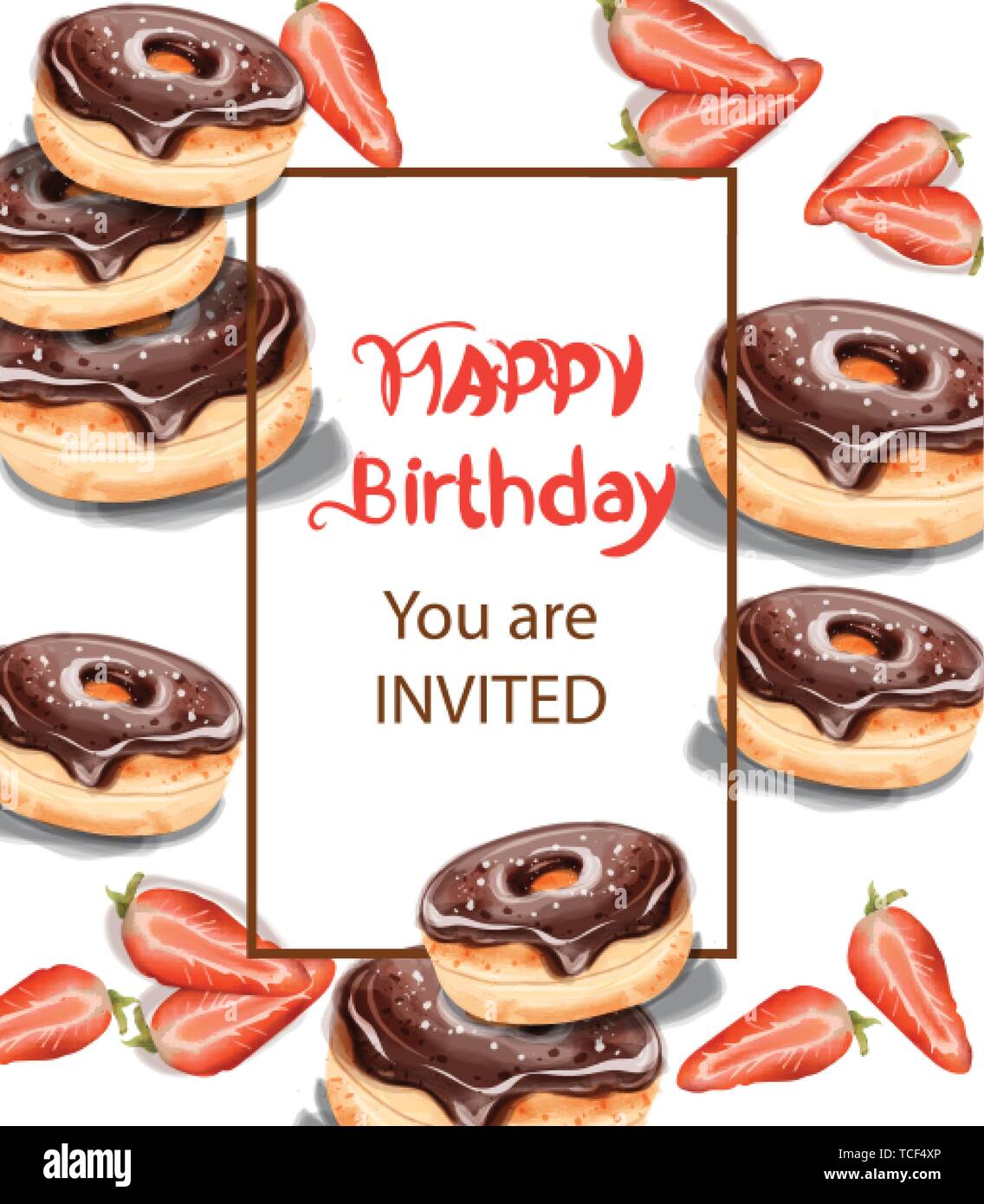 Carte d'invitation anniversaire donuts aquarelle de vecteur. Chocolat