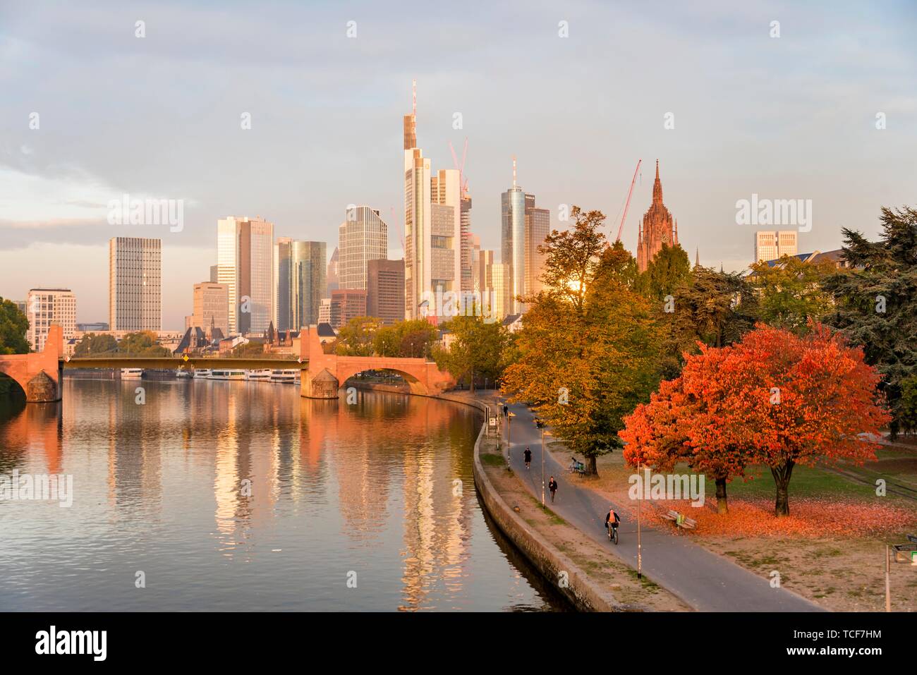 Le vieux pont sur le Main avec skyline, des gratte-ciel dans le quartier des banques dans la lumière du matin, Frankfurt am Main, Hesse, Germany, Europe Banque D'Images