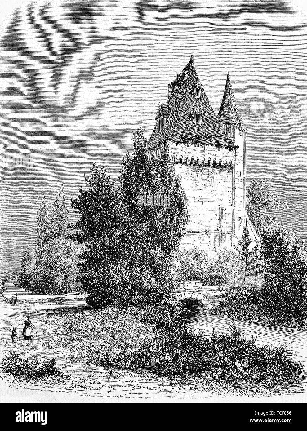 Garder, skype, un type de tour fortifiée, donjon, 1860, gravure sur bois, historique, France, Europe Banque D'Images