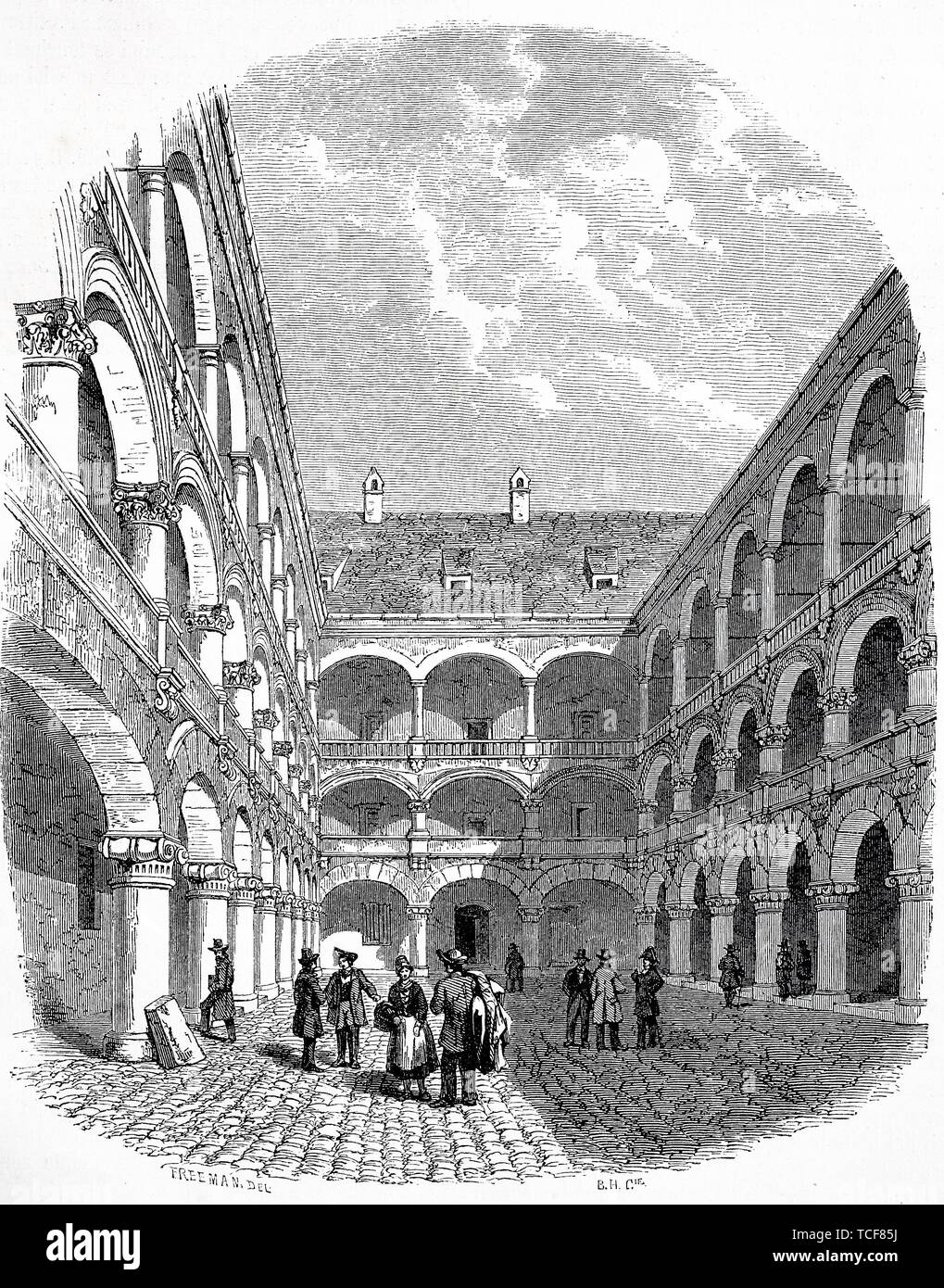 Cour intérieure de la monnaie principale de Bavière à Munich, 1870, gravure sur bois historique, l'Allemagne, de l'Europe Banque D'Images