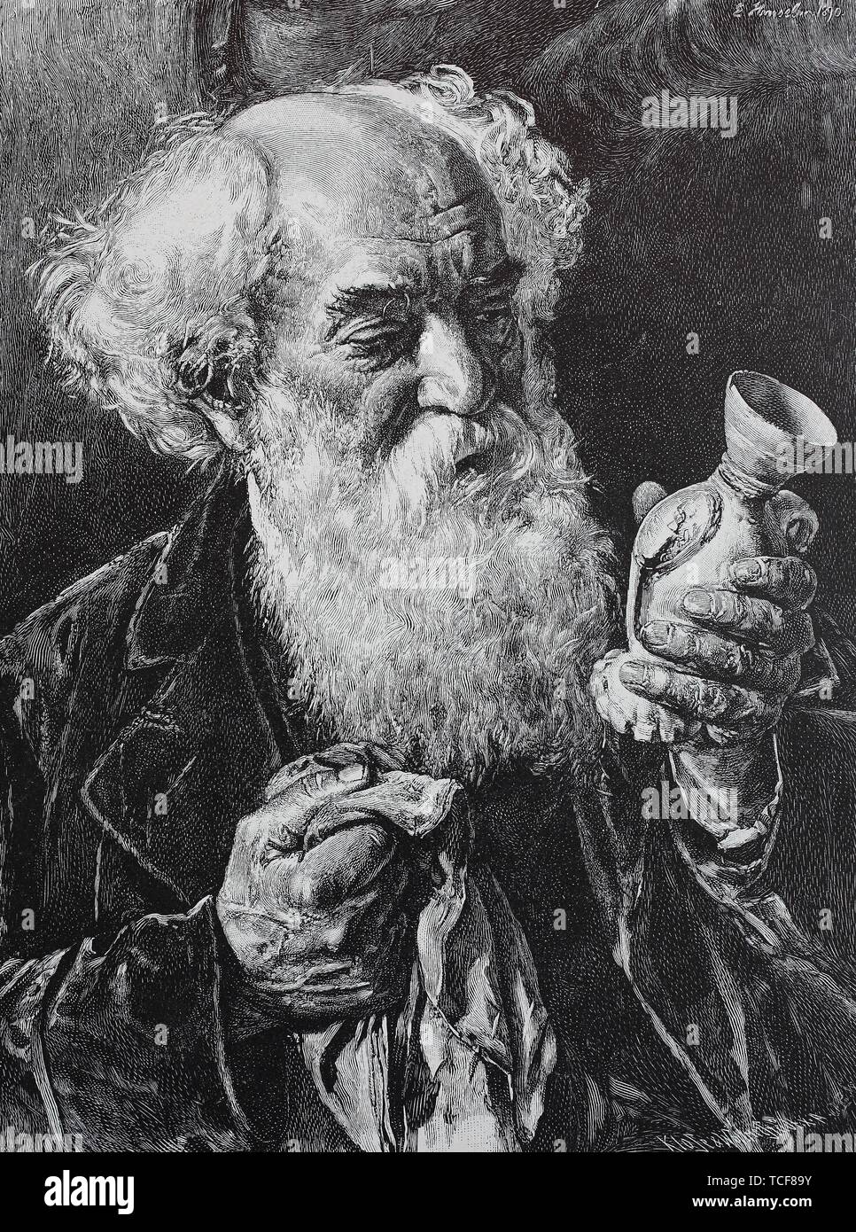 Le collecteur, vieil homme avec une barbe complète, le nettoyage d'un vase en porcelaine de sa collection, 1880, gravure sur bois historique, l'Allemagne, de l'Europe Banque D'Images