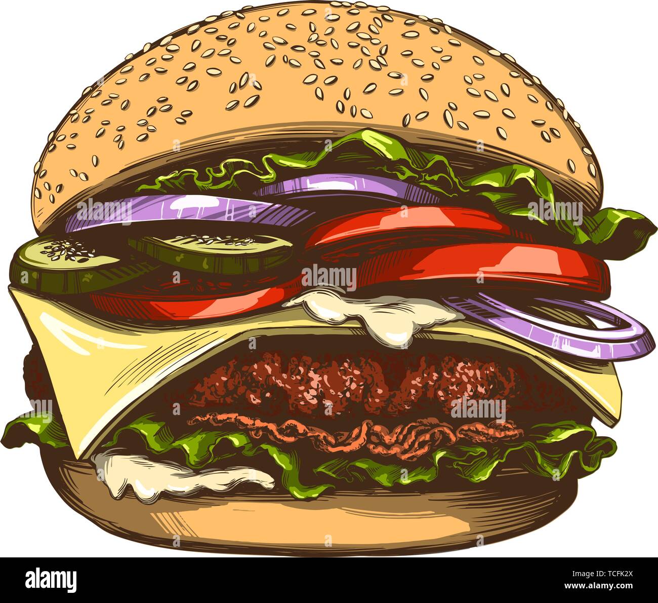Big burger, hamburger hand drawn vector illustration couleur croquis réalistes Illustration de Vecteur