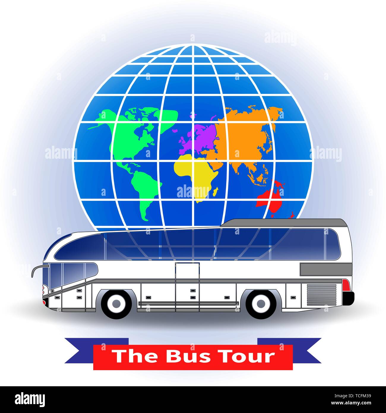 Intercity bus touristiques modernes ou sur un globe. Vector illustration. Concept à la mode d'un tour d'autobus dans le monde entier pour l'infographie, catalogues, je Illustration de Vecteur