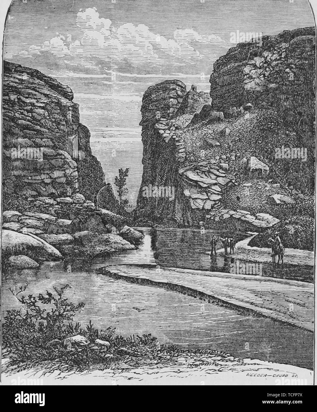 Gravure du Devil's Gate, une formation rocheuse naturelle sur le Sweetwater River dans le Wyoming, du livre 'Le Pacific tourist' par Henry T. Williams, 1878. Avec la permission de Internet Archive. () Banque D'Images