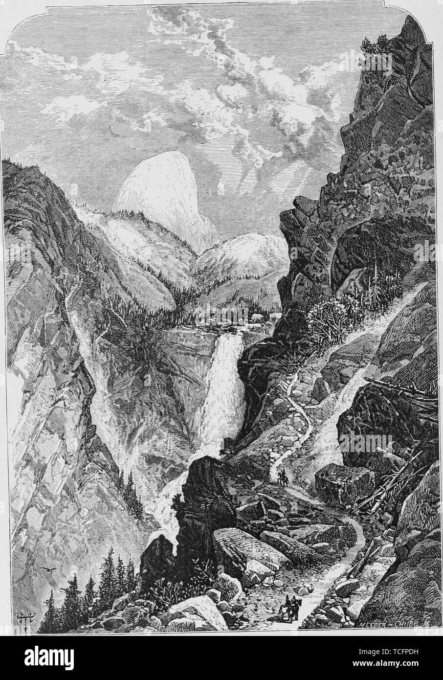 Gravure des chutes Vernal, la cascade sur la rivière Merced dans Yosemite National Park, Californie, du livre 'Le Pacific tourist' par Henry T. Williams, 1878. Avec la permission de Internet Archive. () Banque D'Images