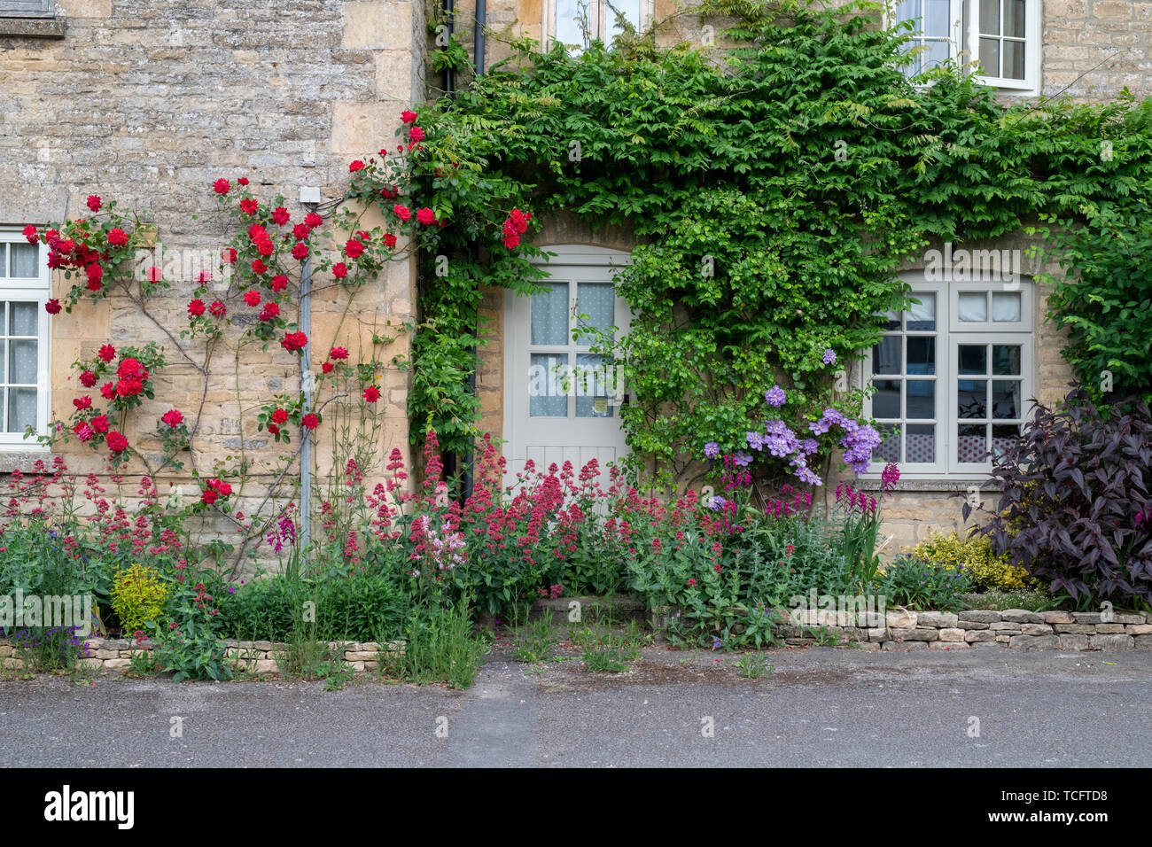 Roses rouges sur un chalet dans le village de Churchill, Cotswolds, Oxfordshire, Angleterre Banque D'Images