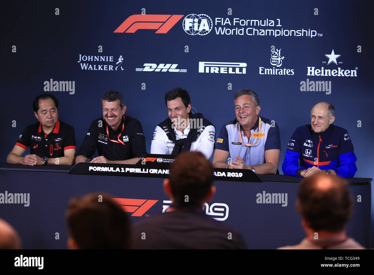Montréal, Canada. 07Th Juin, 2019. Grand Prix de Formule 1 du Canada, jour de pratique ; Guenther Steiner, Team Principal de l'énergie riche Haas F1 Team, Tanube Toyoharu, Honda Performance Development Senior Manager, Toto Wolff, Directeur exécutif et chef de Mercedes Benz Motorsport, Mario Isola, Pirelli Chef de courses de voitures et Franz Tost, Team Principal de la Scuderia Toro Rosso : Action Crédit Plus Sport Images/Alamy Live News Banque D'Images