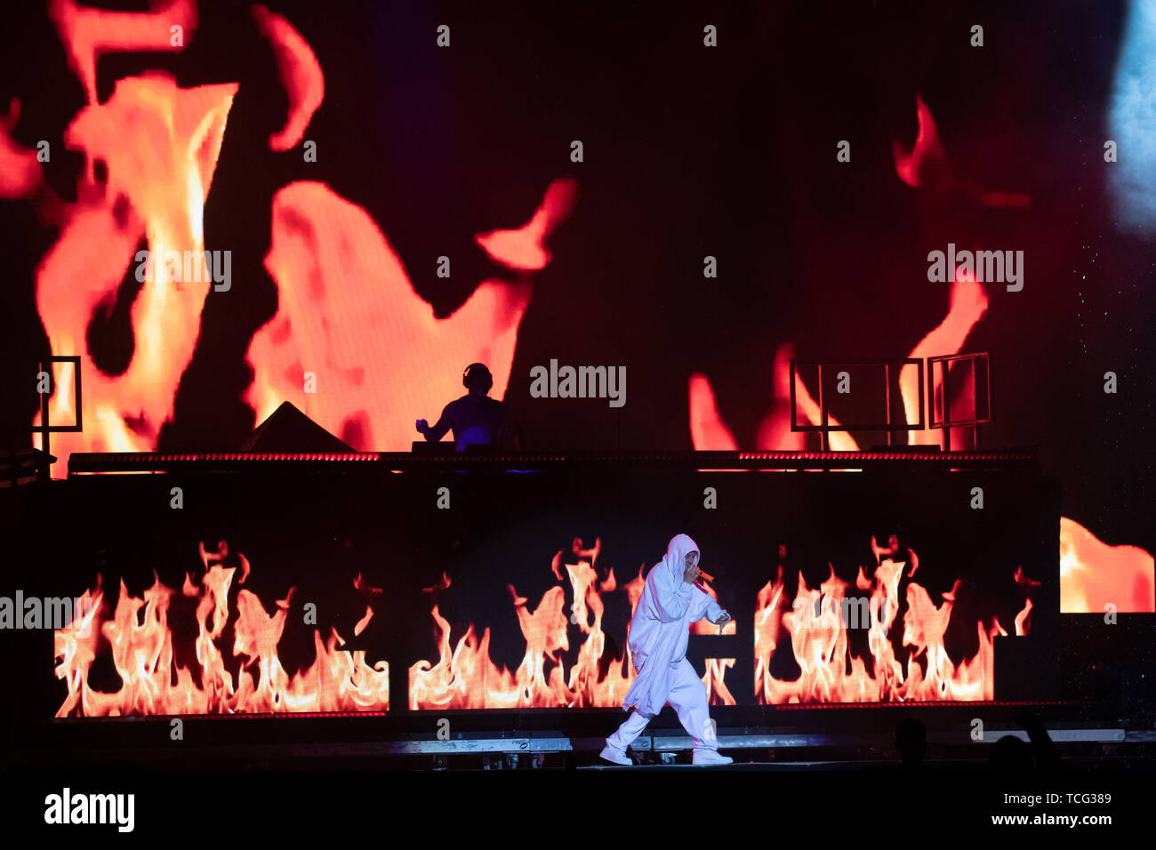 Nuremberg, Allemagne. 07Th Juin, 2019. Watkin Tudor Jones alias Ninja, chanteur du groupe de rap sud-africain rave 'Die Antwoord' est sur la scène du festival en plein air "Rock im Park". La fête de la musique soit jusqu'au 9 juin 2019. Crédit : Daniel Karmann/dpa/Alamy Live News Banque D'Images