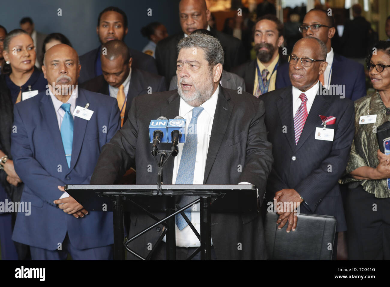 Organisation des Nations Unies. 07Th Juin, 2019. Ralph E. Gonsalves, Premier Ministre de Saint Vincent et les Grenadines, adresses presse à l'issue de l'élection de son pays au Conseil de sécurité aujourd'hui au siège des Nations Unies à New York.Photo : Luiz Rampelotto/EuropaNewswire.Crédit photo obligatoire. Credit : Luiz Rampelotto/ZUMA/Alamy Fil Live News Crédit : ZUMA Press, Inc./Alamy Live News Banque D'Images