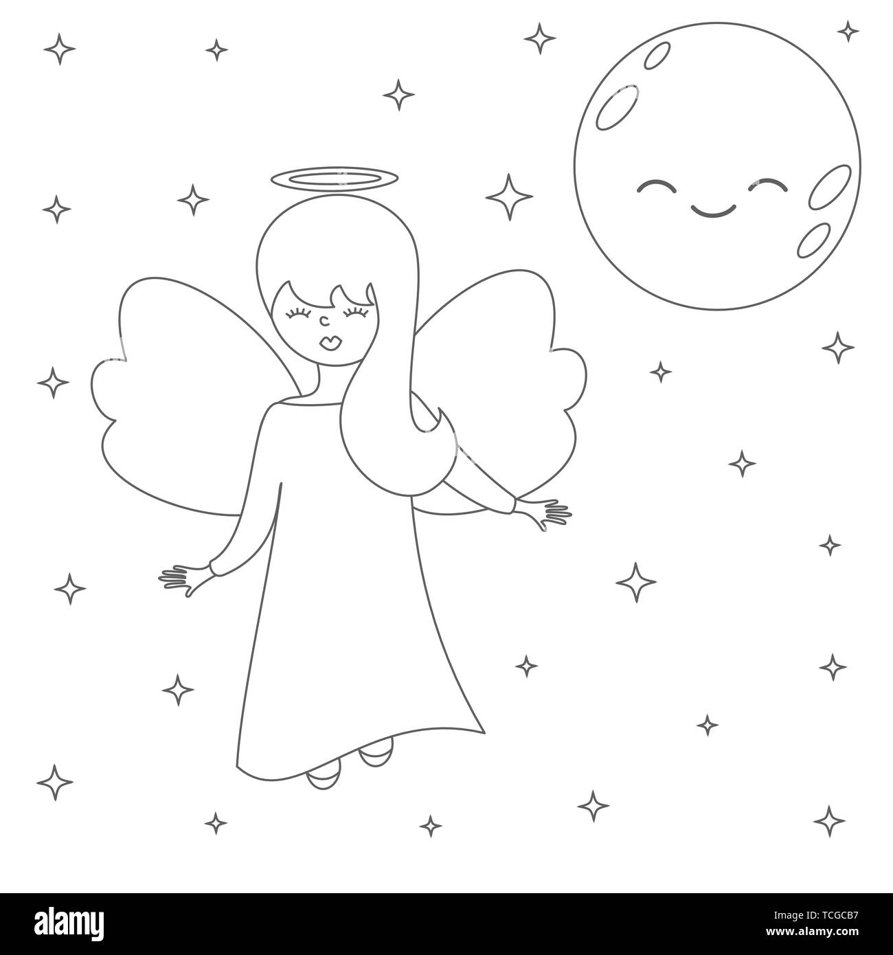 Cartoon vector mignon belle ange dans le ciel avec la lune et les étoiles illustration noir et blanc pour l'art à colorier Illustration de Vecteur