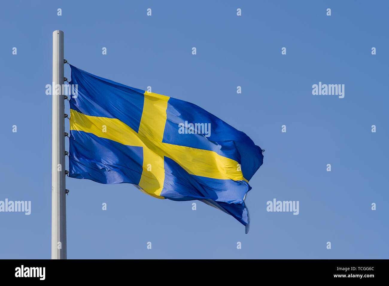 Brandissant le drapeau de la Suède est en face de ciel bleu Banque D'Images