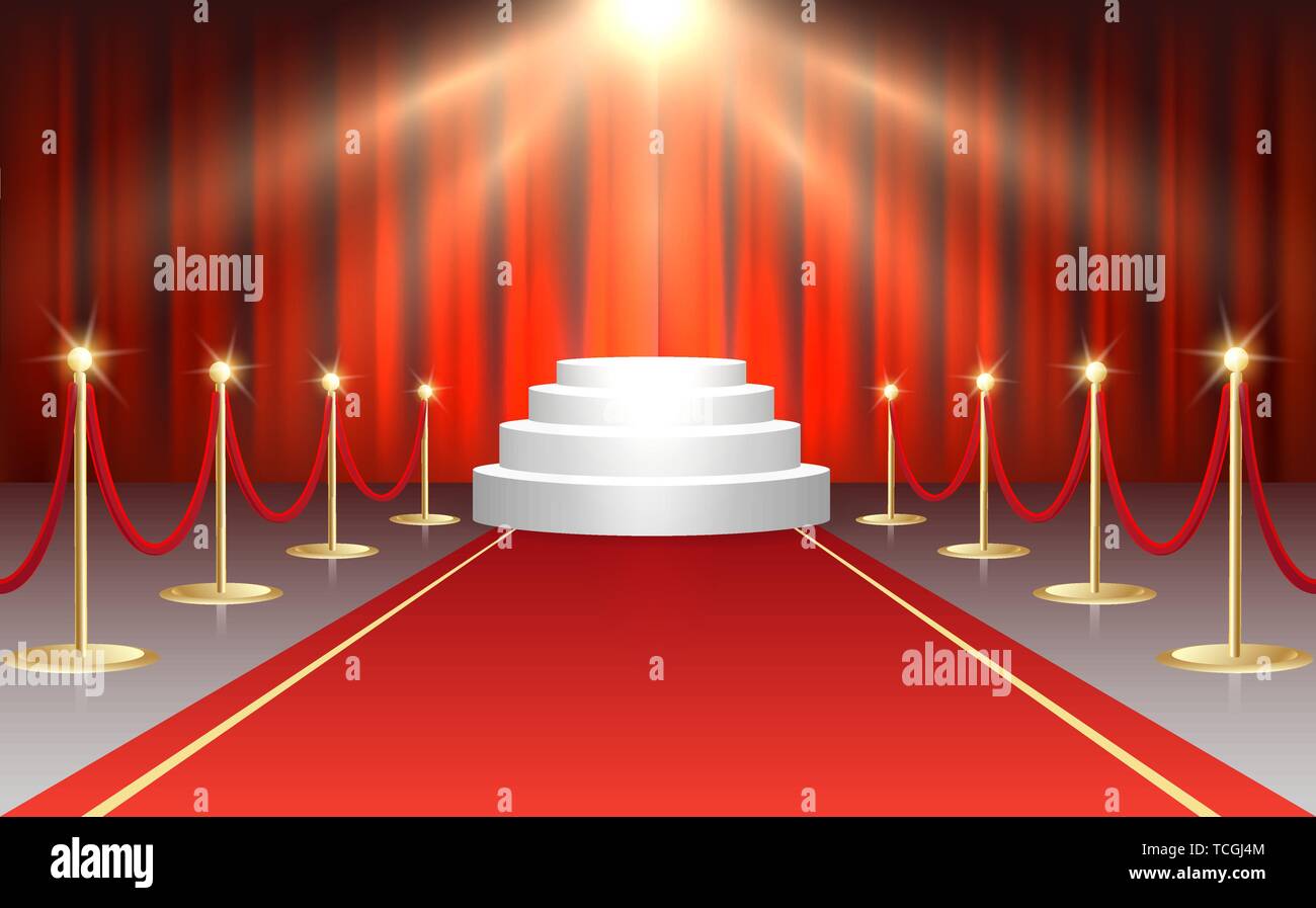 Tapis rouge, l'événement d'or blanc et les barrières escaliers Podium sur fond de rideaux rouge. Vector illustration. Illustration de Vecteur