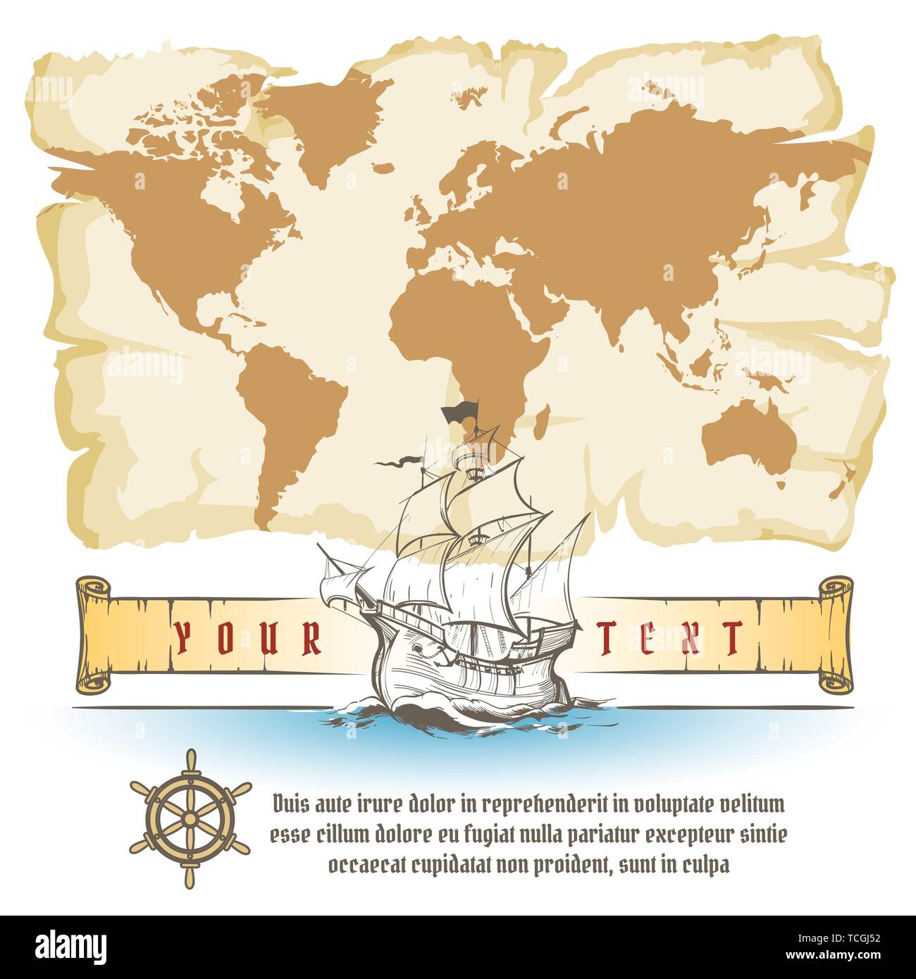 Carte de Navigation et Vintage Retro voile avec navire et défilement lettre exemple. Vector illustration. Illustration de Vecteur