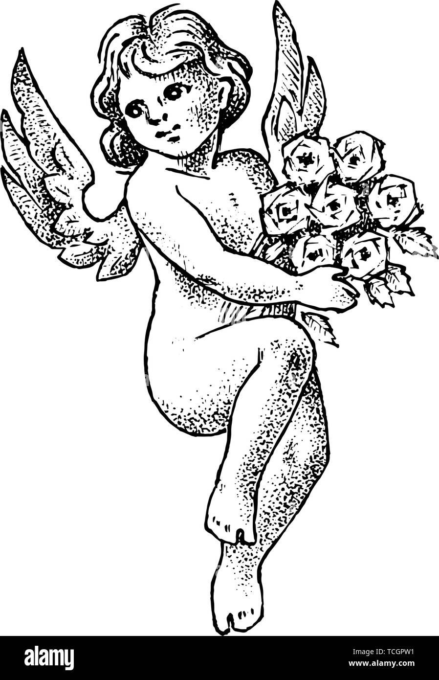 Cute Ange Avec Fleurs Petit Cupidon Esthetique Avec Des Ailes Voler Dans Le Ciel Les Enfants En Monochrome Style Grave Modele De Tatouage Ou Logo Part Image Vectorielle Stock Alamy
