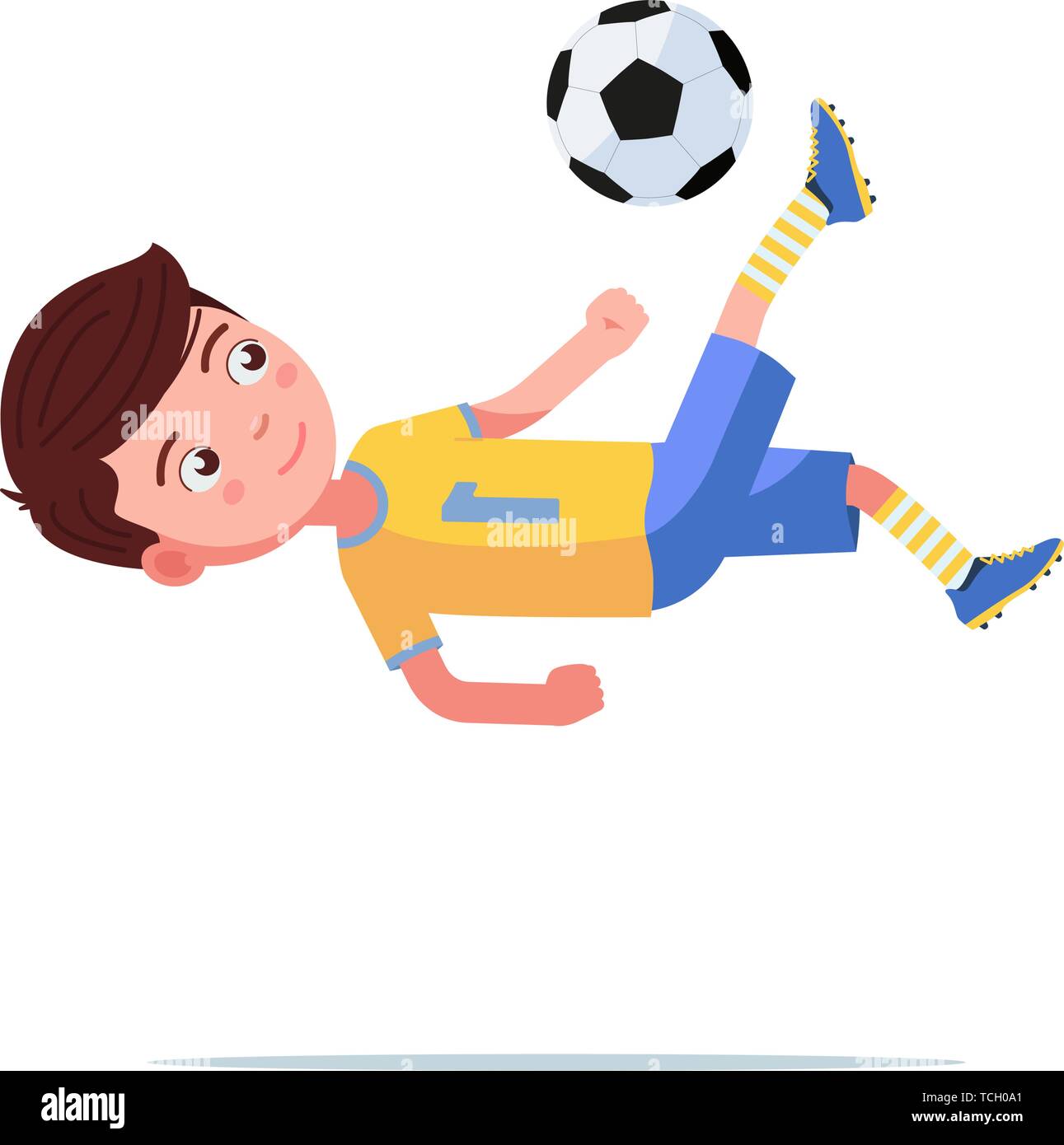 Le joueur de soccer Boy frappe la balle dans un flip jump Illustration de Vecteur