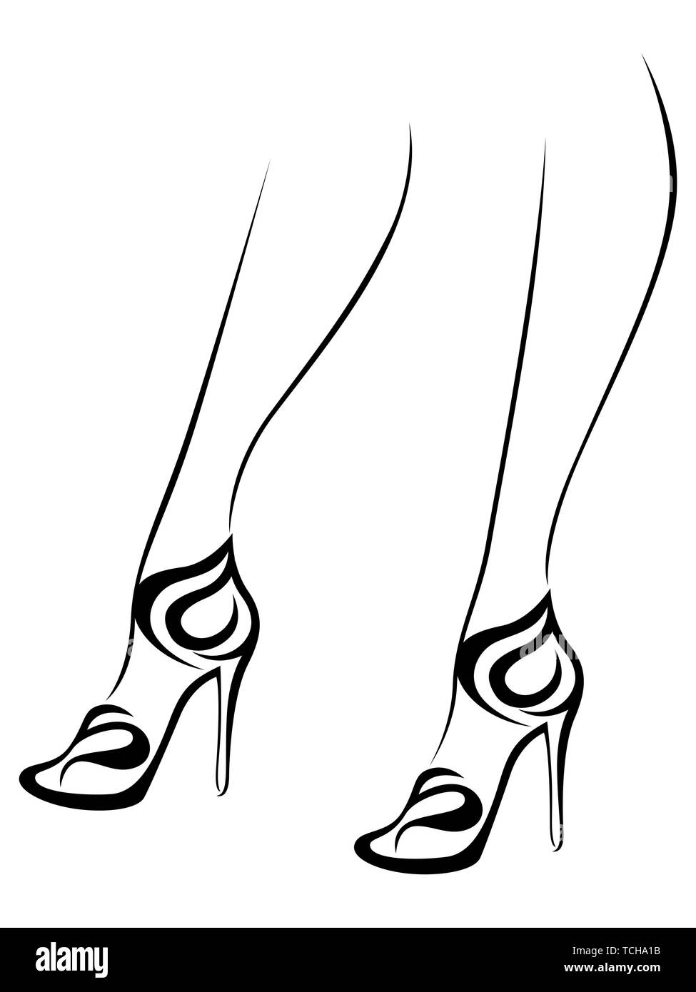 L'esquisse esquisse de femme gracieuse pieds dans des chaussures à talons, résumé des illustrations vectorielles blanc sur noir Illustration de Vecteur