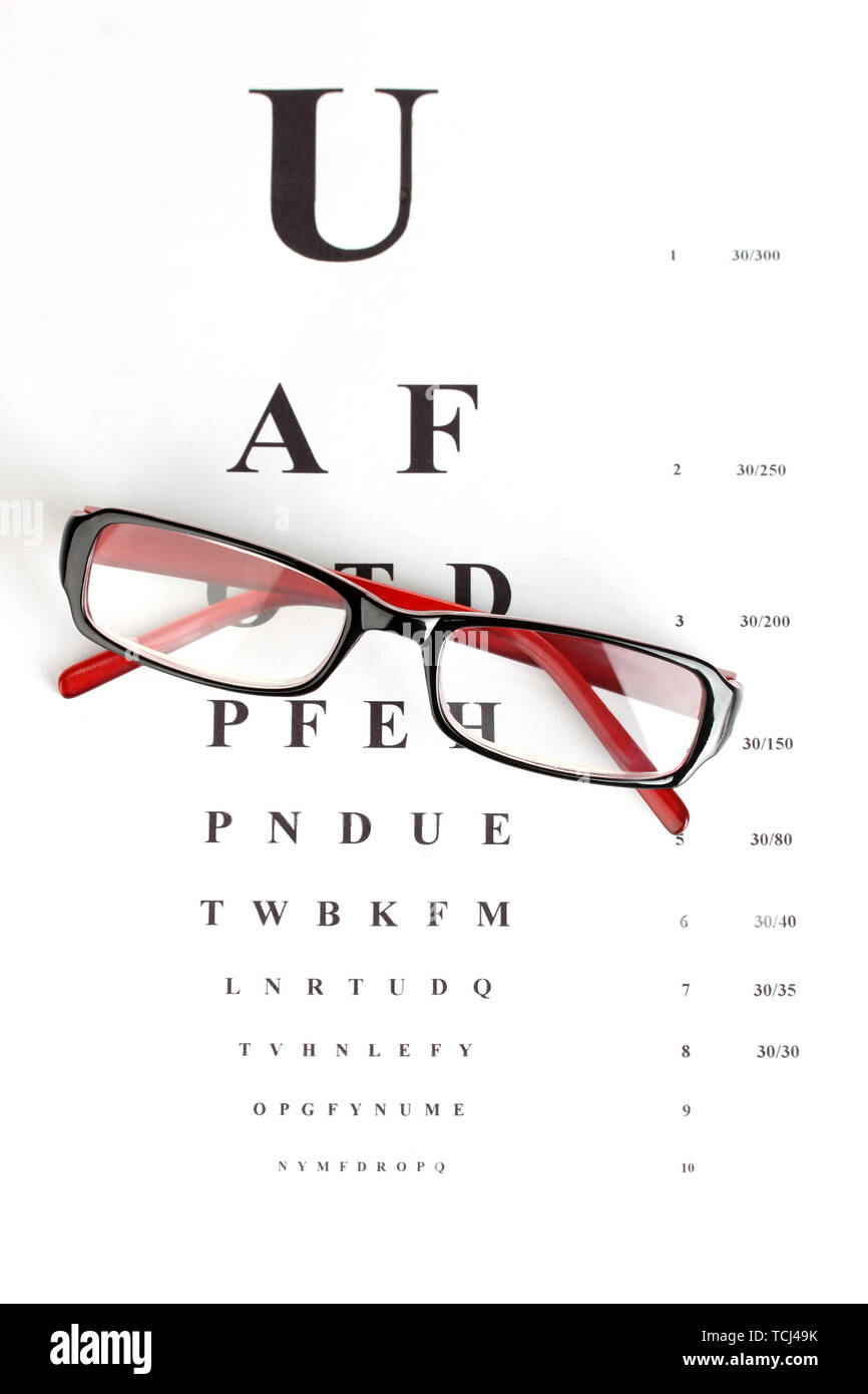 La vue graphique de test avec des lunettes close-up Banque D'Images