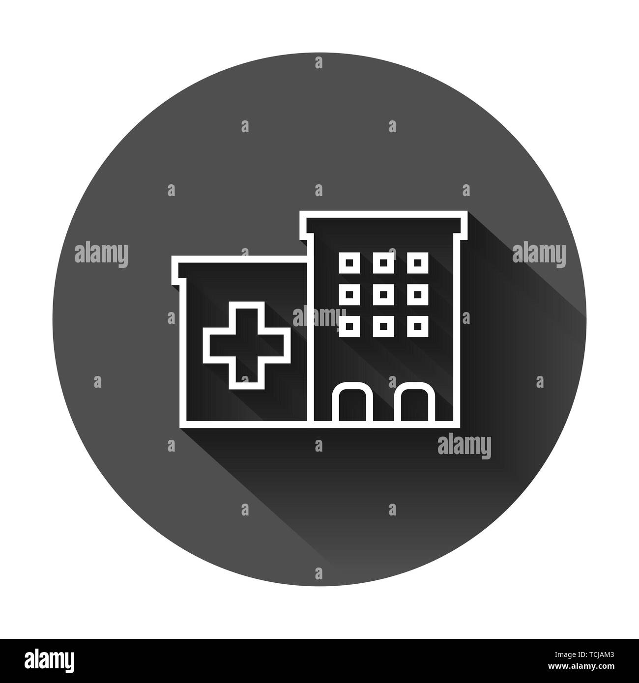 Bâtiment de l'hôpital dans l'icône de style plat. Infirmerie vector illustration sur fond noir avec l'ombre. Ambulance médicale concept d'entreprise. Illustration de Vecteur